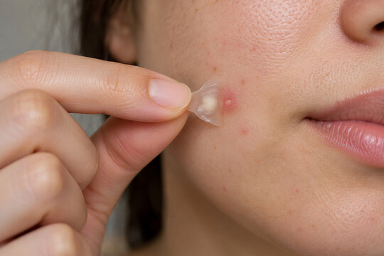 Removing Hydrocolloid Pimple Patch from Acne Spot on Face