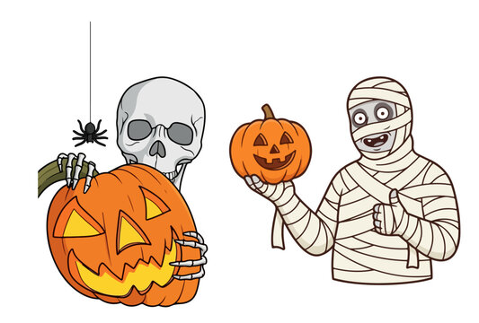 Cute Halloween Skeleton and Mummy holding Carved Jack-o-Lantern Pumpkins Set Spooky Monster Vector Illustration Isolated on White Background