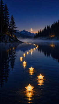 Illuminated star lanterns floating on calm lake water at night with crescent moon - misty pine forest - and mountain landscape