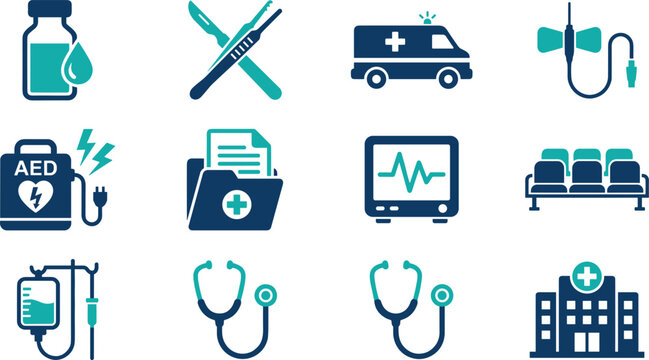 Emergency Room ICU and Hospital Equipment Flat Icons Set