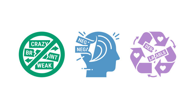 Breaking mental health stigma vector icon set featuring shattered derogatory labels, peeling off negativity, and recycling harmful stereotypes in a solid flat style.