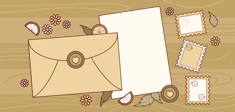 Snail Mail. Cozy Hobby Blank Stationery Set on Wood Background. Craft Envelope, Letter Paper, Postage Stamps Template, and Chamomile Flowers, Lemon Pieces and Dry Leaves. Vector Illustration