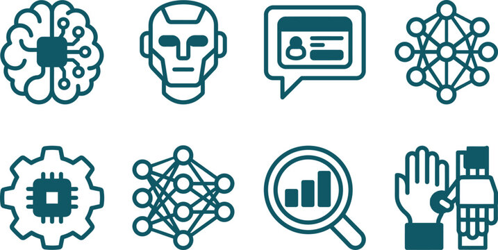 Artificial intelligence technology icon set with neural network symbols, Ai vector collection for machine learning data and digital innovation, Smart computing icons featuring artificial intelligence 