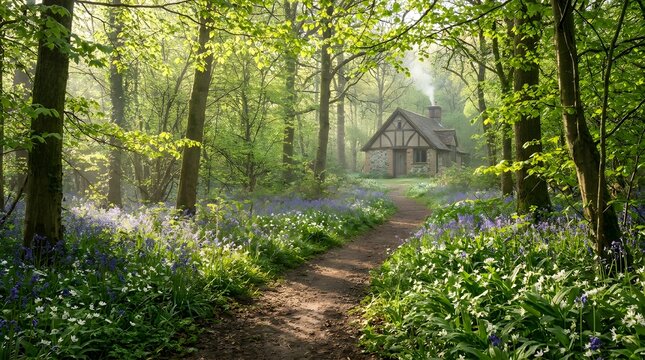Charming english cottage nestled in enchanting forest with bluebell and wild garlic flowers.