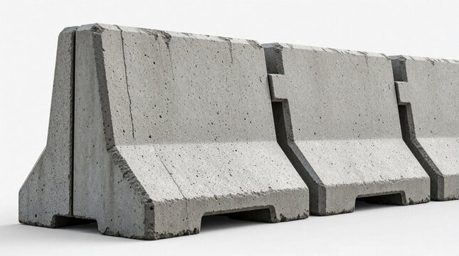 Modular concrete barrier system stands on white background. Grey jersey blocks form safety wall for road construction traffic control. Heavy duty cement dividers provide protection, security on