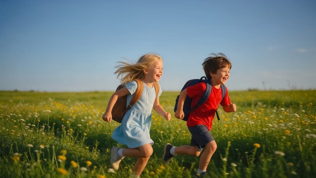 Felicidad en la infancia, ni&ntilde;os felices corriendo y divirti&eacute;ndose en la naturaleza bajo el sol.