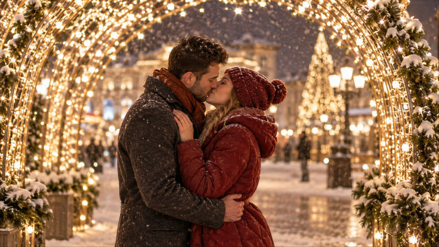 Romantic couple kissing under illuminated Christmas arches in a snowy town square at night