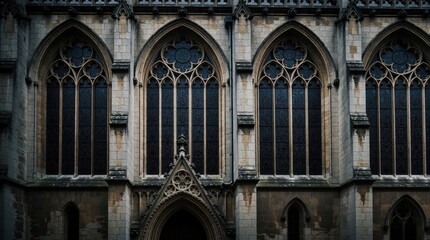 Obraz premium Gothic church facade with large stained glass windows, stone archways. Historic cathedral exterior shows ornate masonry, medieval architecture. Old building features intricate details, decorative