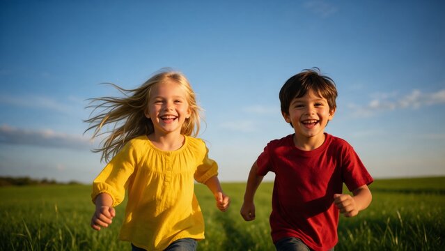 Felicidad en la infancia, ni&ntilde;os felices corriendo y divirti&eacute;ndose en la naturaleza bajo el sol.