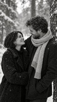 Happy couple in love standing outdoors in a snowy forest during winter - black and white photography