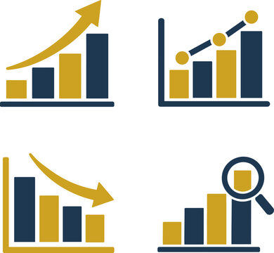 Set of four business growth and analysis icons including increasing trend bar chart with arrow upward trend line graph decreasing trend bar chart with arrow and magnifying glass analyzing bar chart