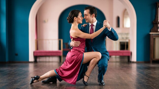Two adult tango dancers in suspended close embrace with raspberry silk dress and peacock-blue suit, female head tilting affectionately eyes focused direct, walnut studio