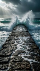 Fototapeta premium Powerful ocean waves crash over stone jetty during storm. Huge white sea spray splashes against breakwater structure. Dark moody clouds, sunlight rays shine through sky above rough turbulent water.