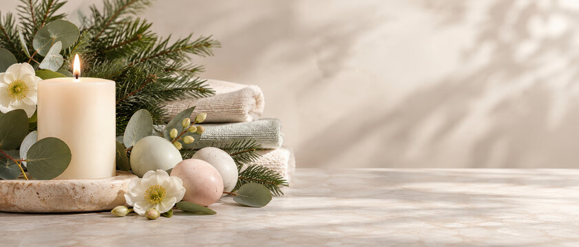 Seasonal spa still life with candle, floral ornament, eucalyptus, pine branch, folded towel, and soft sunlight creating calm festive decor