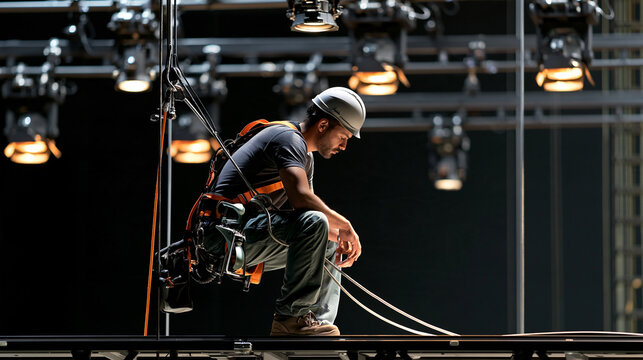 Professional stage technician working beneath a concert rigging system, safety helmet and harness, suspended lighting equipment, live event production, technical crew, industrial
