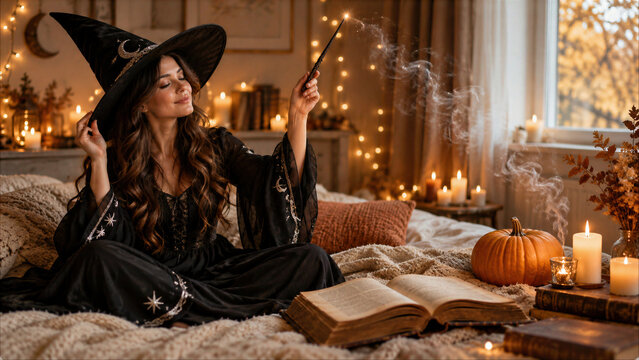 Beautiful young witch in black dress and hat casting magic spell with wand over spellbook on bed with Halloween pumpkin and candles