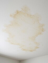 Fototapeta premium Large yellowish water stain on white indoor ceiling. Roof leak caused moisture damage, wet plaster spots in house. Home maintenance needed to fix ceiling leak, repair damage from heavy rain plumbing