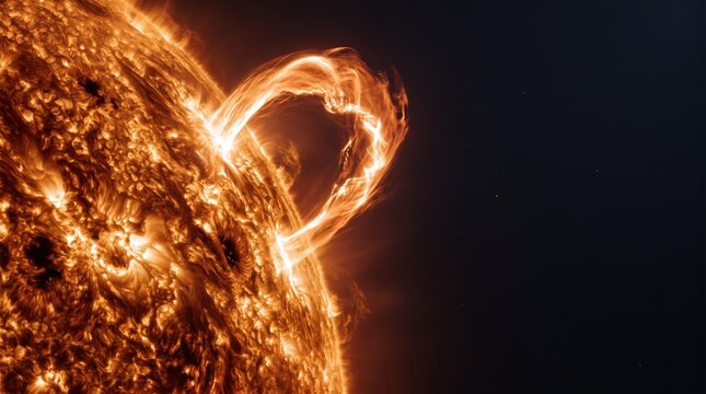 Detailed view of a massive solar prominence and coronal loop erupting from the fiery surface of the sun into deep space