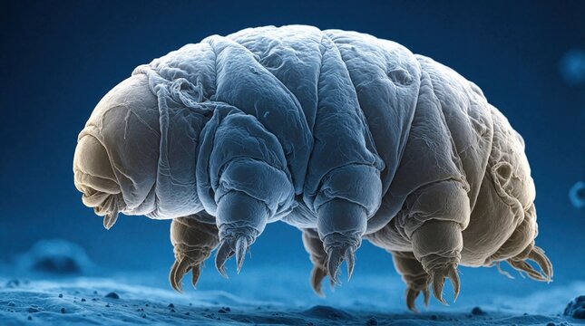 Microscopic tardigrade organism floats in blue scientific liquid. Tiny water bear shows detailed anatomy, textured skin under macro lens. Small invertebrate specimen for biology research,