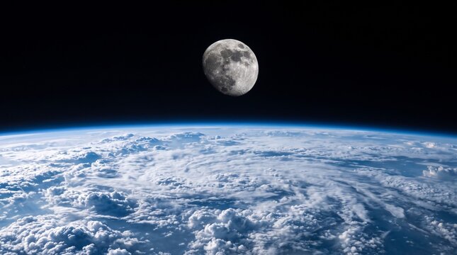 Cinematic view of planet Earth from outer space showing thick white clouds and blue atmosphere with the moon visible in the dark void above