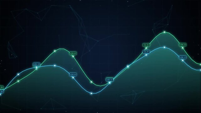 Animated financial data chart with fluctuating market trends and digital network background, graph
