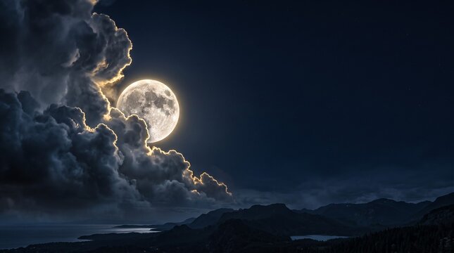 Bright full moon emerging from behind dramatic storm clouds over a dark mountain landscape and sea at night