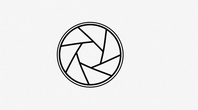 Minimalist line art drawing of camera lens aperture. Black outline icon shows shutter diaphragm mechanism for photography optics. Simple symbol represents light exposure, zoom control, digital camera