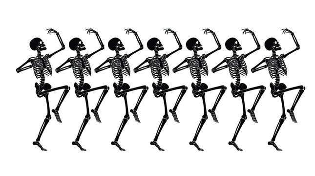 Skeletons dancing in a row with funny poses creating a spooky vector illustration design