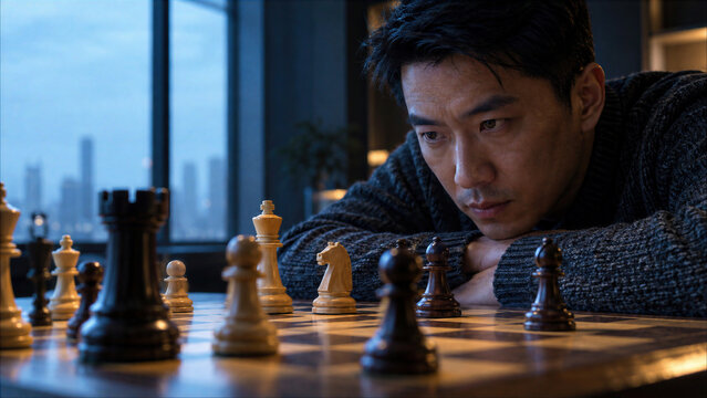 Focused Asian man contemplating strategic move over wooden chessboard in modern apartment with city skyline view