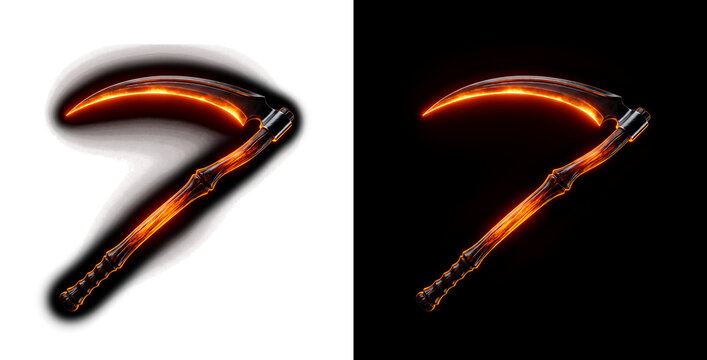A menacing and powerful flaming scythe weapon with a glowing orange blade and a detailed wooden handle isolated on transparent background transparent background