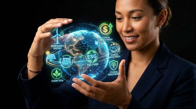 Businesswoman Holding Digital Globe Representing ESG and Ethical Investment Concepts