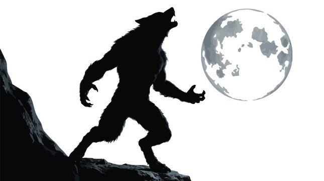 Ferocious werewolf silhouette howling fiercely toward the bright glowing full moon standing on steep cliff