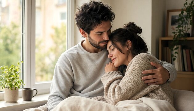 Young couple cuddling and relaxing together at home by the window