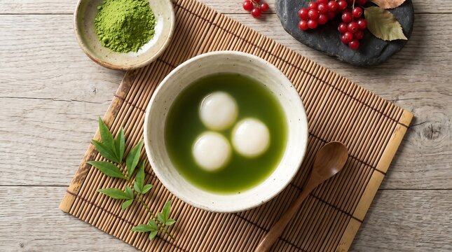 Traditional Japanese green tea dessert with mochi balls on bamboo mat