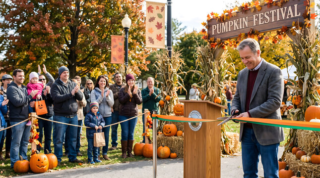 Small-town American community leader opening a pumpkin festival with a ribbon cutting.