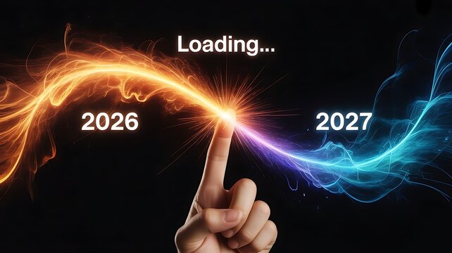 Conceptual loading screen with a finger touching a glowing point between 2026 and 2027 with fiery orange and electric blue energy flowing outwards