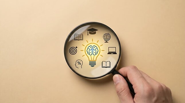 Hand holding magnifying glass over brain lightbulb and education knowledge concept icons