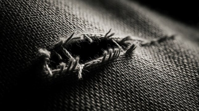 Extreme macro shot of small hole in woven textile material. Frayed threads, loose fibers show damage on dark fabric surface. Close up view of broken cloth texture with ripped opening, worn out edges
