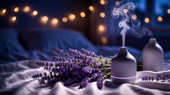 White electric diffuser emits steam in dark bedroom. Fresh lavender flowers lay on silk bed sheets near aromatherapy device. Essential oil mist promotes restful sleep, relaxation in cozy home