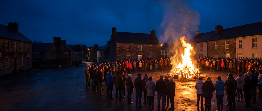 Rural Irish villagers gathering around a large controlled Samhain bonfire at night.