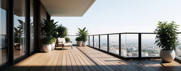 Obraz premium Modern penthouse balcony with wooden deck, glass railing. Luxury terrace features green potted plants, comfortable lounge chair. Empty outdoor space with panoramic city view, copy space for text.