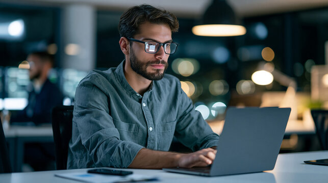 Business professional installing a generic software update on a laptop in a modern office, IT maintenance, system security, digital transformation, technology management,