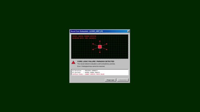 Retro computer screen displaying a neural network error with a paradox detection warning. Futuristic UI.