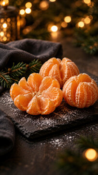 Peeled ripe mandarins on a slate board with powdered sugar - pine branches - and warm Christmas lights in the background