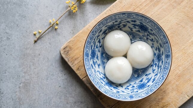 Traditional Chinese dumplings in blue and white porcelain bowl on wooden board