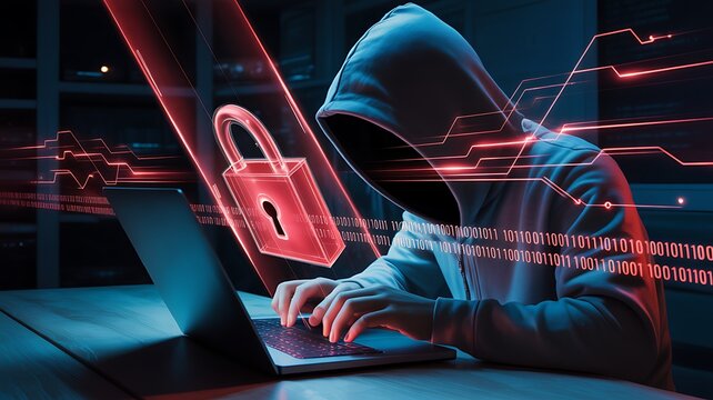 Cybersecurity concept with hacker typing on laptop and red lock hologram indicating data protection