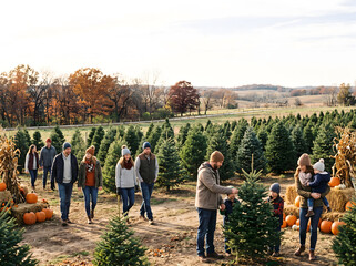 Obraz premium American families choosing Christmas trees at a rural farm during late autumn.