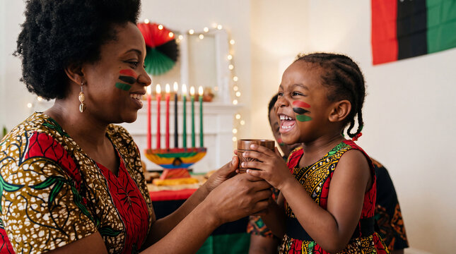 A delighted mother and daughter in ankara dresses sharing a unity cup, suitable for Kwanzaa family invitations.