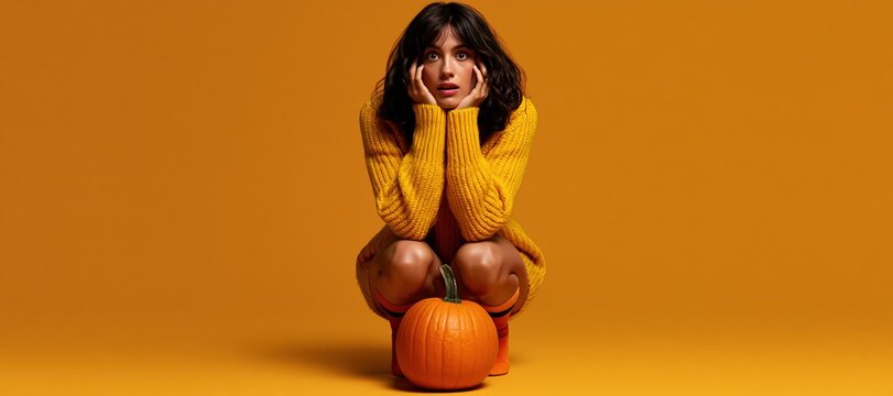 Woman crouching with startled expression near pumpkin on orange background