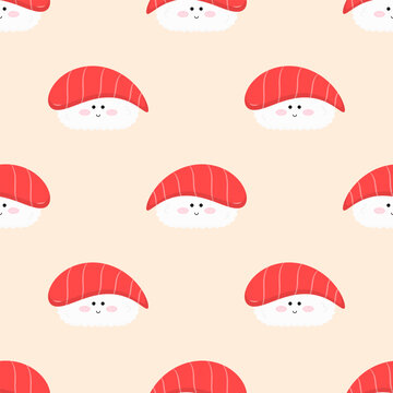 Cute Smiling Maguro Sushi Character Seamless Pattern Background. Modern Minimalist Japanese Tuna Food Backdrop for Fabric Print, Packaging, and Kawaii Stationery. Vector Illustration